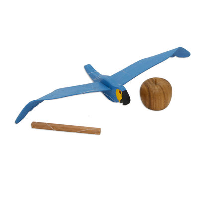 Wood sculpture, 'Flying Petite Blue Macaw' - Hand-Painted Wood Mobile of Soaring Petite Blue Macaw