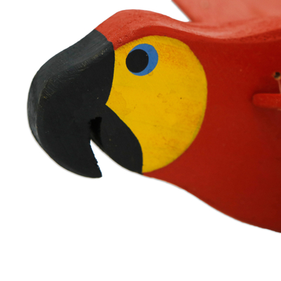Wood sculpture, 'Flying Petite Red Macaw' - Hand-Painted Wood Mobile of Small Soaring Red Macaw