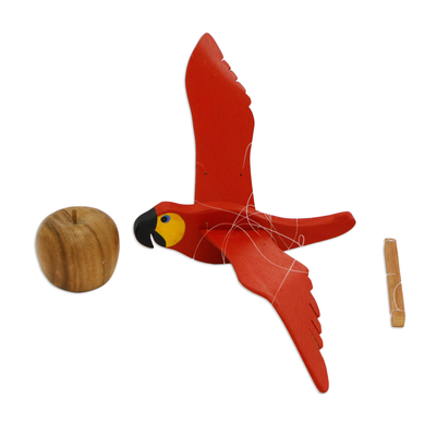 Wood sculpture, 'Flying Petite Red Macaw' - Hand-Painted Wood Mobile of Small Soaring Red Macaw