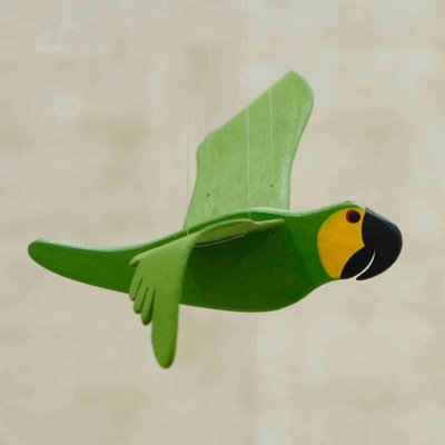 Wood sculpture, 'Flying Petite Macaw' - Hand-Painted Wood Mobile of Small Soaring Green Macaw