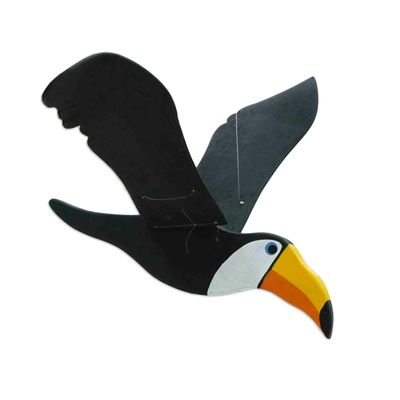 Wood sculpture, 'Flying Petite Toucan' - Hand-Painted Wood Mobile of Small Toucan with Flapping Wings