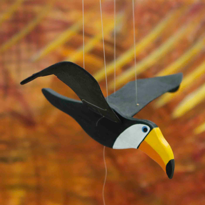 Wood sculpture, 'Flying Petite Toucan' - Hand-Painted Wood Mobile of Small Toucan with Flapping Wings
