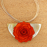 Gold-accented wood and horn pendant necklace, 'Crescent Rose' - Gold-Accented Wood and Horn Orange Rose Pendant Necklace