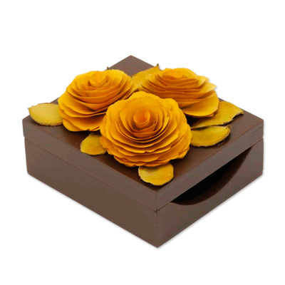 Wood decorative box, 'Energizing Rose' - Wood Decorative Box with Yellow Roses Carved & Dyed by Hand
