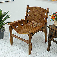 Wood and leather chair, 'Braided Comfort' - Handcrafted Braided Brown Sucupira Wood and Leather Chair