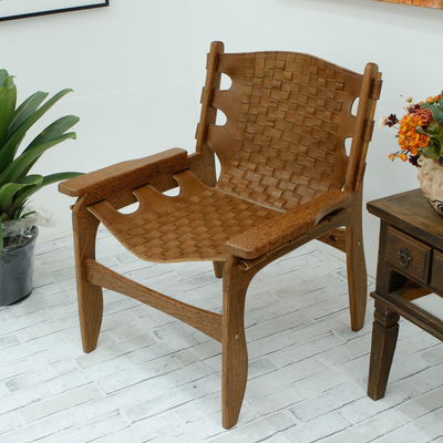 Wood and leather chair, 'Braided Comfort' - Handcrafted Braided Brown Sucupira Wood and Leather Chair