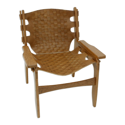 Stuhl aus Holz und Leder - Handgefertigter geflochtener brauner Sucupira-Holz- und Lederstuhl