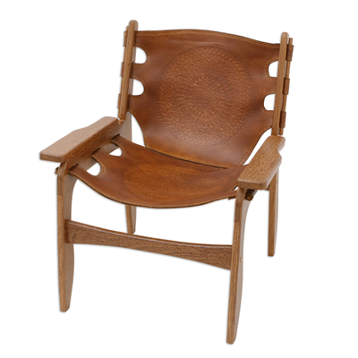 Wood and leather chair, 'Mandala Comfort' - Mandala-Themed Brown Sucupira Wood and Leather Chair