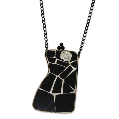 Agate and ceramic pendant necklace, 'Dark Charm' - Ceramic Agate Silver Pendant Necklace Rhodium-Plated Chain
