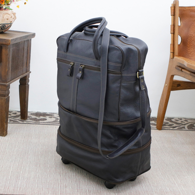 Bolsa de viaje con ruedas de piel extensible - Bolso de Viaje con Ruedas de Piel Expandible Negro y Azul Marino