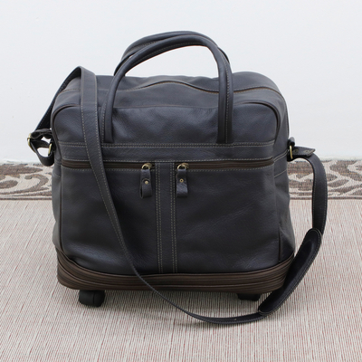 Expandable leather wheeled travel bag, 'Style Voyager' - Black and Navy Expandable Leather Travel Bag with Wheels