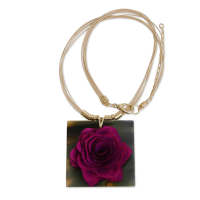 Gold-accented wood and horn pendant necklace, 'Rose Magnetism' - Handmade Wood & Horn Rose Pendant Necklace with Gold Accent