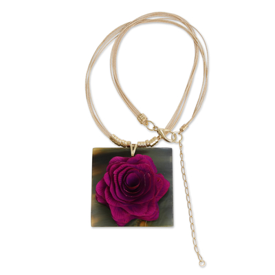 Gold-accented wood and horn pendant necklace, 'Rose Magnetism' - Handmade Wood & Horn Rose Pendant Necklace with Gold Accent