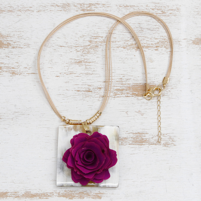 Gold-accented wood and horn pendant necklace, 'Rose Felicity' - Wood and Horn Rose Pendant Necklace with Gold Accents