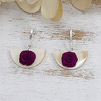 Gold-accented wood and horn dangle earrings, 'Rose Allure' - 18k Gold-Accented Wood and Horn Floral Dangle Earrings