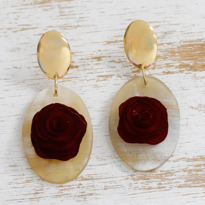 Gold-accented wood and horn dangle earrings, 'Rose Flair' - Wood and Horn Rose Dangle Earrings with 18k Gold Accents