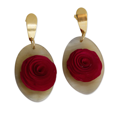 Gold-accented wood and horn dangle earrings, 'Rose Spell' - Wood and Horn Floral Dangle Earrings with 18k Gold Accents