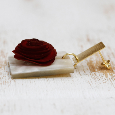Gold-accented wood and horn dangle earrings, 'Rose Pleasure' - Square Gold-Accented Wood and Horn Rose Dangle Earrings