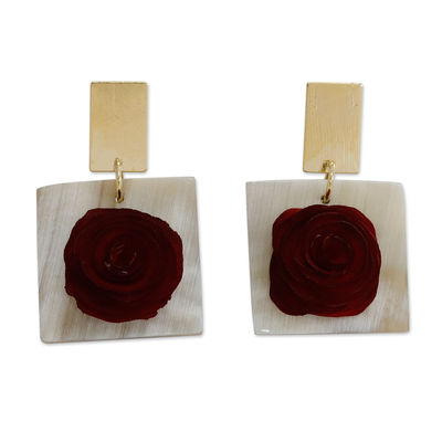 Gold-accented wood and horn dangle earrings, 'Rose Pleasure' - Square Gold-Accented Wood and Horn Rose Dangle Earrings