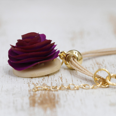 Gold-accented wood and horn pendant bracelet, 'Rose Felicity' - Handmade Wood & Horn Rose Pendant Bracelet with Gold Accent