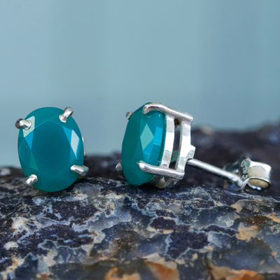 Chrysoprase stud earrings, 'Lucky Accent' - Polished Sterling Silver Stud Earrings with Chrysoprase Gems