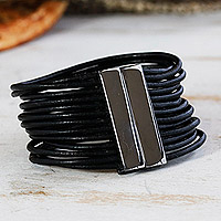 Leather wristband bracelet, 'Black Brazilian Glam' - Leather Bracelet with Onyx-Plated Magnetic Clasp Closure