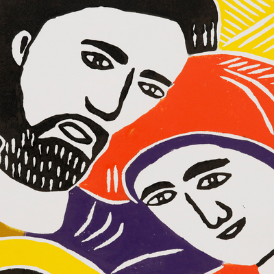 'The Holy Family' - Signed Unstretched Religious Ink Xylograph Print from Brazil