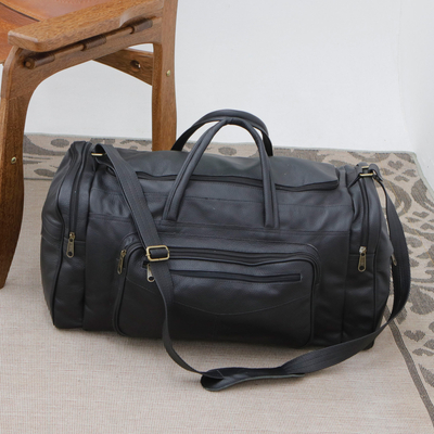 Leather travel bag, 'Brazil in the Dark' (large) - Adjustable Black 100% Leather Travel Bag from Brazil (Large)