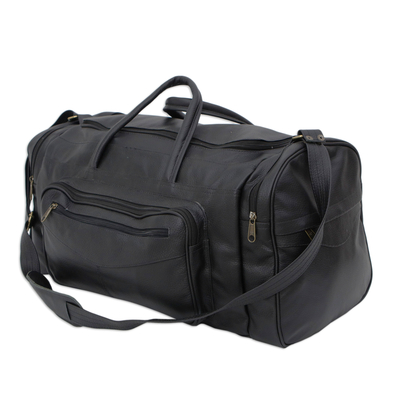 Leather travel bag, 'Brazil in the Dark' (large) - Adjustable Black 100% Leather Travel Bag from Brazil (Large)