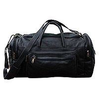 Leather travel bag, 'Brazil in Black' - Black Leather Travel Bag with Handles and Adjustable Strap