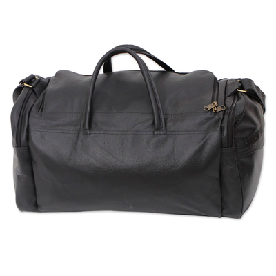 Leather travel bag, 'Brazil in Black' - Black Leather Travel Bag with Handles and Adjustable Strap