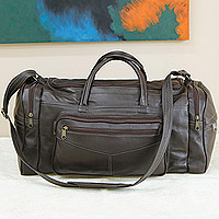 Leather travel bag, 'Brazil in Dark Brown' (small) - Adjustable Dark Brown 100% Leather Travel Bag (Small)