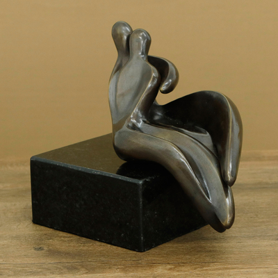 Bronze sculpture, 'Snuggle II' - Abstract Lovers Hugging Bronze Sculpture with Granite Base