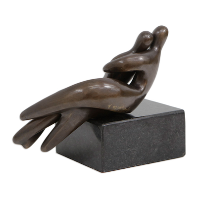 Bronze sculpture, 'Snuggle II' - Abstract Lovers Hugging Bronze Sculpture with Granite Base