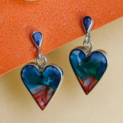Silver and resin dangle earrings, 'Dulcet Love' - Heart-Shaped Cool-Toned Silver and Resin Dangle Earrings