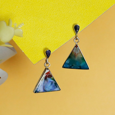 Silver and resin dangle earrings, 'Dulcet Balance' - Triangle-Shaped Cool-Toned Silver and Resin Dangle Earrings