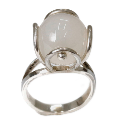 Agate single stone ring, 'Spring Clarity' - High Polished Floral White Agate Single Stone Ring