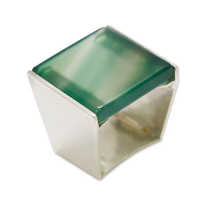 Agate cocktail ring, 'Renewal Dimension' - Modern Geometric Sterling Silver Green Agate Cocktail Ring