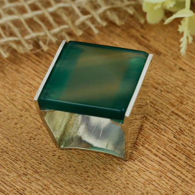 Agate cocktail ring, 'Renewal Dimension' - Modern Geometric Sterling Silver Green Agate Cocktail Ring