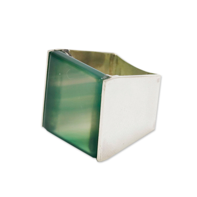 Anillo de cóctel de ágata - Anillo de cóctel moderno geométrico de plata de primera ley con ágata verde