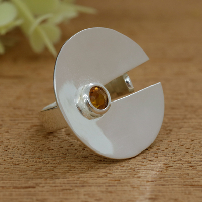 Citrine wrap cocktail ring, 'Jolly Satellite' - Modern Sterling Silver Wrap Cocktail Ring with Round Citrine