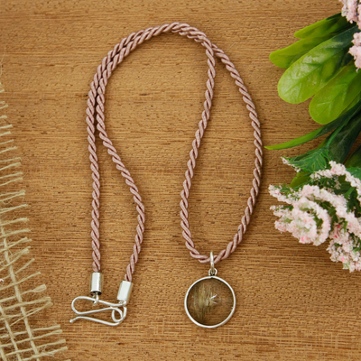 Quartz pendant necklace, 'Rose Memoirs' - Pink-Toned Silk and Rutilated Quartz Pendant Necklace