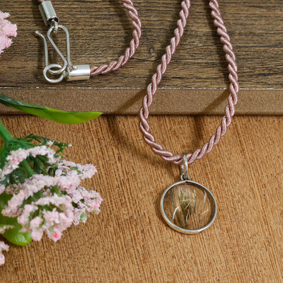 Quartz pendant necklace, 'Rose Memoirs' - Pink-Toned Silk and Rutilated Quartz Pendant Necklace