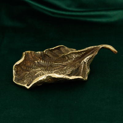 Bronze sculpture, 'Golden Edge' - Bronze Leaf Sculpture with Antique Finish from Brazil