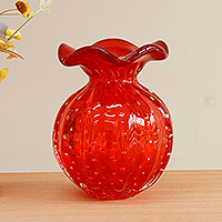 Handblown art glass vase, 'Red Marmalade' - Handblown Ruffled Art Glass Vase in Cherry Red from Brazil