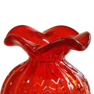 Jarrón de vidrio de arte soplado a mano - Jarrón de vidrio artístico con volantes soplado a mano en rojo cereza de Brasil