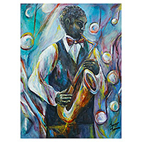 'Saxophone Player' - Signed Acrylic Painting of Saxophone Player from Brazil