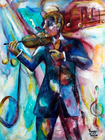 'Violin Player' - Acrylic Painting of Violin Player with Musical Symbols