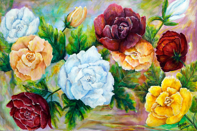 ‘Roses, Roses, Roses’ - Acrylic on Canvas Rose Still-Life Painting from Brazil