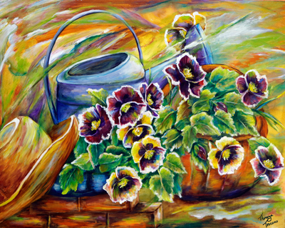 Acrylic on Canvas Garden Still-Life Painting from Brazil - In a Corner of the  Garden